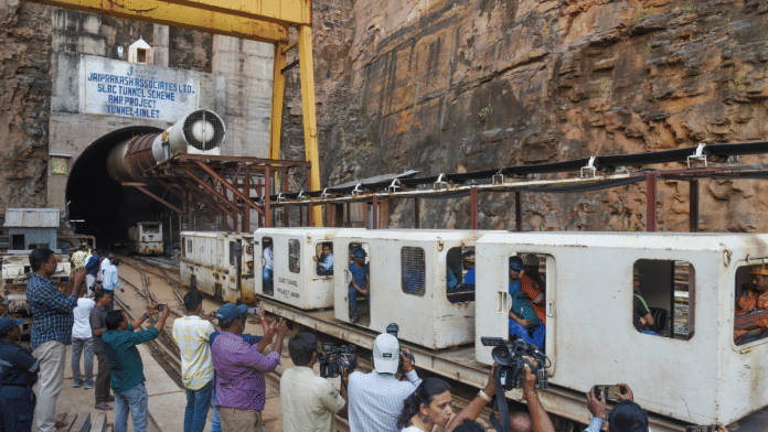 Rescue operation underway to extricate eight persons who have remained trapped for over 30 hours inside a tunnel after a section of it collapsed in the SLBC project, in Nagarkurnool district, Telangana on Sunday, 23 February 2025. | PTI