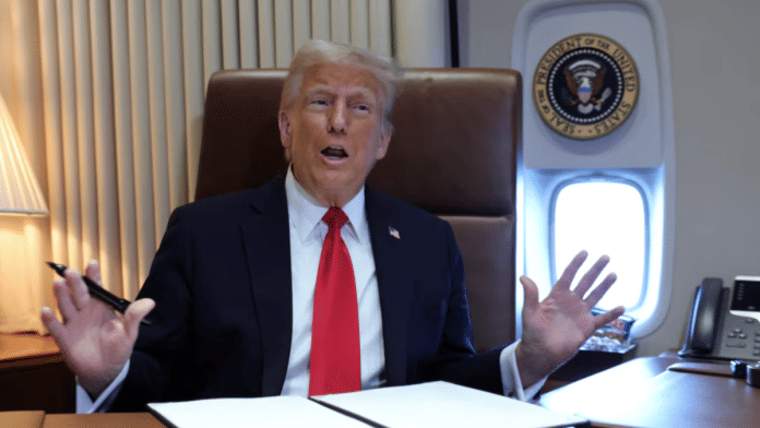 U.S. President Donald Trump speaks to reporters before signing a proclamation renaming the Gulf of Mexico to the Gulf of America, while flying over the gulf aboard Air Force One en route to New Orleans to attend the Super Bowl, on 9 February 2025. | Kevin Lamarque | Reuters