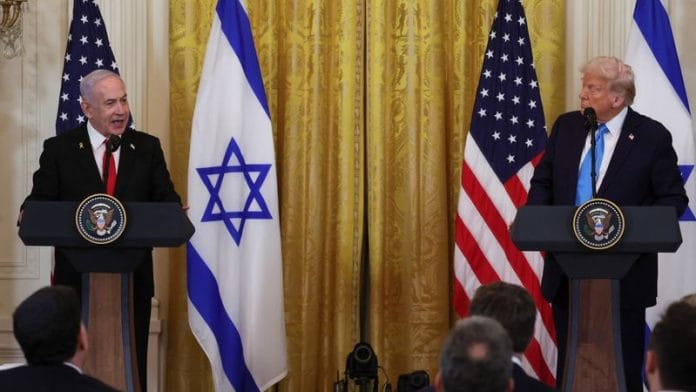U.S. President Donald Trump and Israeli Prime Minister Benjamin Netanyahu hold a joint press conference in the East Room at the White House in Washington, U.S., on 4 February 2025. | Leah Millis | Reuters