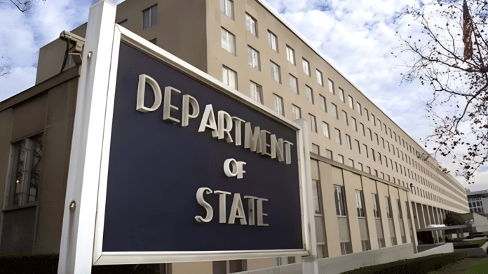 A huge board with 'Department of State' written on it. Representational Image of US State Department headquarters | Commons
