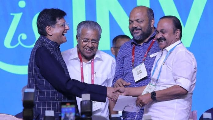 Union Minister Piyush Goyal, Kerala CM Pinarayi Vijayan, and leader of opposition in the state V. D. Satheesan at the Invest Kerala Global Summit on 21 February 2025 | By special arrangement