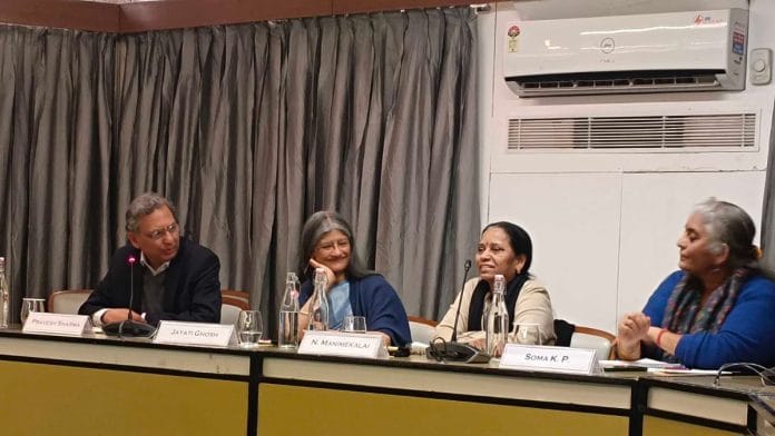A talk on the topic, ‘Is Women-Centric Agricultural Policy the Next Big Idea in Agriculture?’ at IIC Delhi. (Left to right): Moderator Pravesh Sharma with panellists Jayati Ghosh, N Manimekalai and Soma KP | Photo: Almina Khatoon, ThePrint