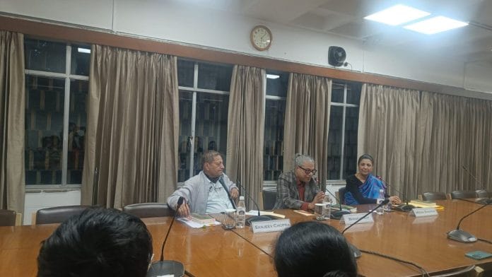 Sanjeev Chopra, Bhaskar Roy and Meera Shankar at the IIC discussion on Roy’s Border Crossers | Photo: Debdutta Chakraborty