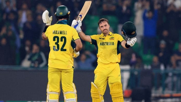 Australia's Josh Inglis celebrates his century with Glenn Maxwell during the ICC Champions Trophy 2025 Group B match against England at Gaddafi Stadium in Lahore Saturday | ANI