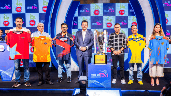 File photo of DDCA chief Rohan Jaitley (dressed in suit) at the unveiling of jerseys for Delhi Premier League T20 | X/@DelhiPLT20