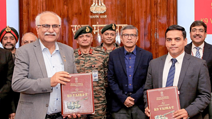 File photo of defence secretary Rajesh Kumar Singh (third from right) during the signing of a contract for procurement of K9 Vajra artillery guns | ANI