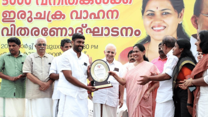 Union Minister and BJP leader Shobha Karandlaje (in pink saree) felicitates Ananthu Krishnan at an event in this picture. Sri Sathya Sai Orphanage Trust founder and executive director K.N. Anandakumar is seen between the two | Pic credit: LinkedIn/ Ananthu Krishnan