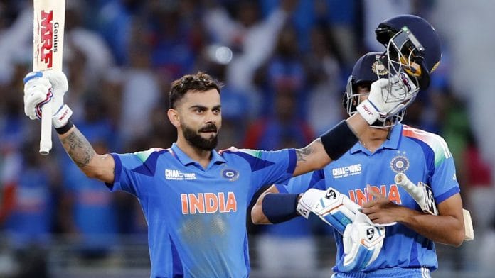 India's Virat Kohli celebrates his century during the ICC Champions Trophy 2025 Group A match against Pakistan, at Dubai International Cricket Stadium in Dubai Sunday | Photo: ANI