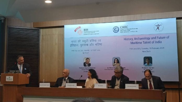 (Left to right, seated) Sudhir Devare, Malini Shankar, Joy Sen and Shishir Shrotriya at a lecture on the maritime sector in Delhi | Photo: Debdutta Chakraborty/ThePrint