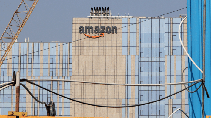 An Amazon logo is seen on the facade of its corporate office building in Hyderabad, India, January 29, 2025