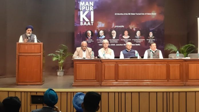 Former Home secretary GK Pillai, former Chief Justice of Manipur High Court Siddharth Mridul, Former DG of Assam Rifles Shokin Chauhan and former ADG, BSF Sanjiv Sood discussing the issue of Manipur at Delhi's Jawahar Bhawan | Photo: Krishan Murari/ThePrint