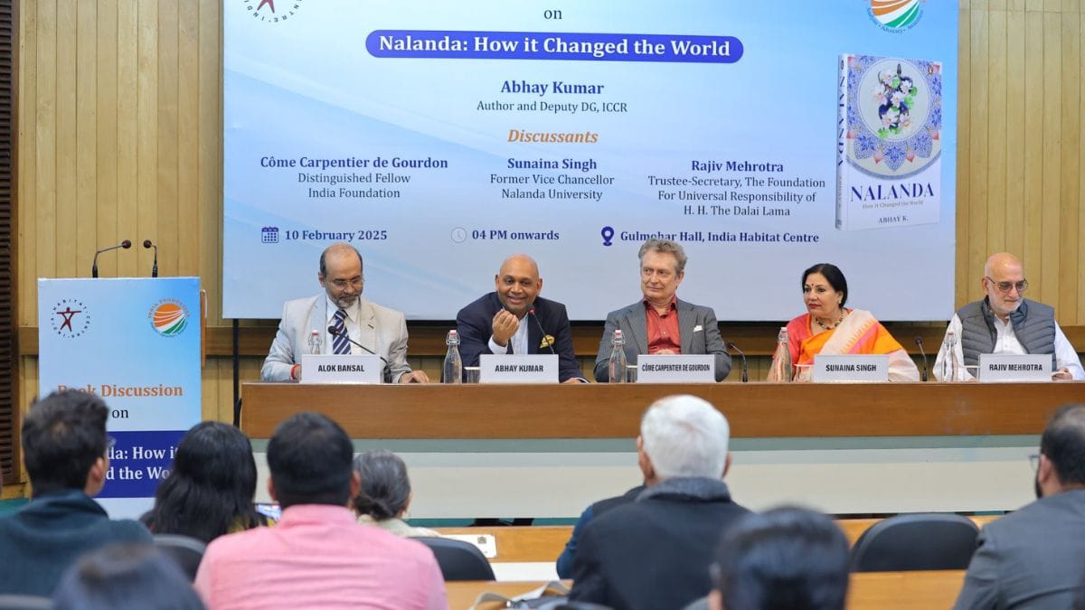 Diplomat Abhay Kumar with former VC of Nalanda University Sunaina Singh and director of India Foundation Alok Bansal at the launch of Kumar's book titled Nalanda: How it Changed the World | Special arrangement