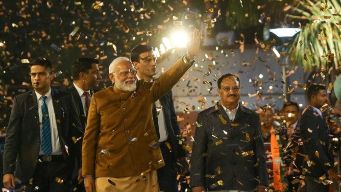 PM Narendra Modi, JP Nadda and other BJP members on the Delhi Assembly election day | Suraj Singh Bisht, ThePrint