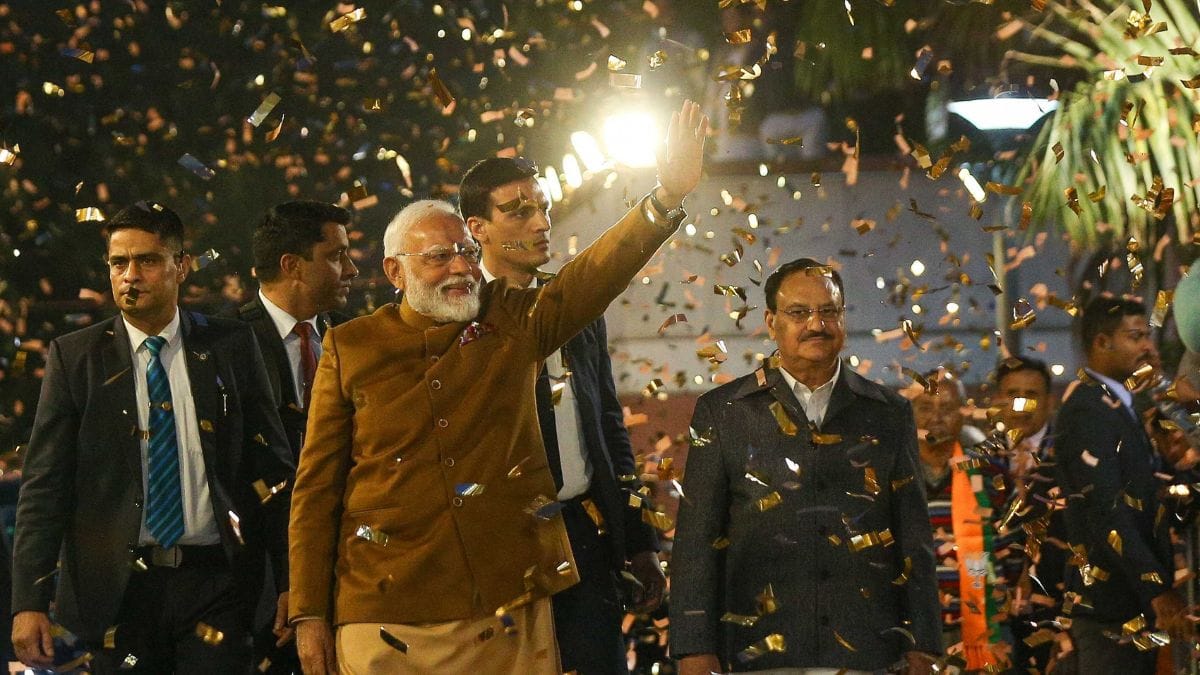 PM Narendra Modi, JP Nadda and other BJP members on the Delhi Assembly election day | Suraj Singh Bisht, ThePrint