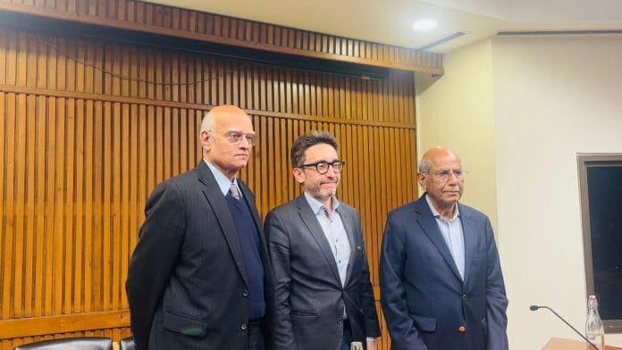From left to right: Shivshankar Menon, Bruno Maçães and Shyam Saran at IIC, Delhi | Photo: Vandana Menon, ThePrint