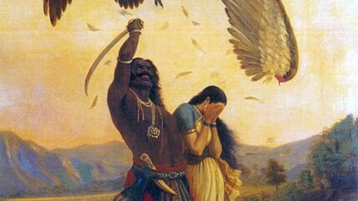 The scene of Ravana abducting Sita in 'Jatayu Vadha' by Raja Ravi Varma, 1906