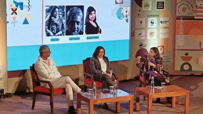 Filmmaker Mira Nair, actor Adil Hussain and journalist Shubhra Gupta at the Samanvay Literary Festival, 15 February