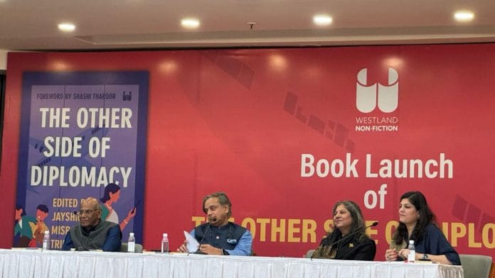 Shyam Saran, Shashi Tharoor, Jayshree Misra Tripathi and Amrita Tripathi at the launch of The Other Side of Diplomacy, edited by Jayshree | Sagrika Kissu | ThePrint