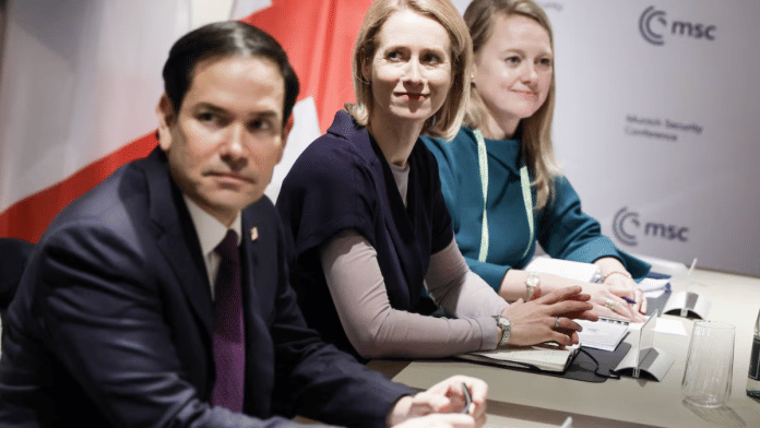EU High Representative for Foreign Affairs and Security Policy Kaja Kallas (C) and US Secretary of State Marco Rubio (L) attend the meeting of Foreign Ministers the Transatlantic Quint during the 61st Munich Security Conference (MSC), in Munich, Germany, on 15 February 2025.| Ronald Wittek | Pool via Reuters