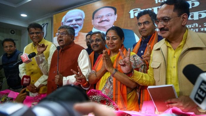 BJP's CM-designate Rekha Gupta with party leaders in New Delhi, Wednesday | Suraj Singh Bisht | ThePrint