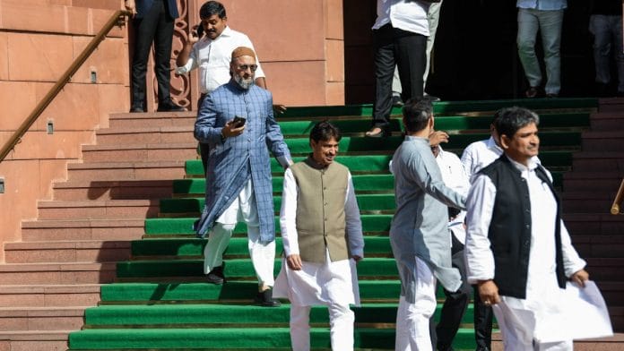 Deputy Leader of Congress in Lok Sabha Gaurav Gogoi, AIMIM MP Asaduddin Owaisi and other MPs at Parliament premises during the Budget Session, in New Delhi on Thursday | ANI/Rahul Singh
