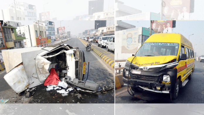 A combination of pictures shows the wrecked remains of a mini truck and a school bus after a collision at the Beli road flyover bridge, in Patna on Friday. Reportedly two people died in the incident.
