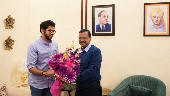 Shiv Sena (UBT) leader Aditya Thackeray meets AAP convenor Arvind Kejriwal, in New Delhi, Thursday, Feb. 13, 2025 | PTI