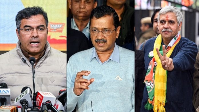 (Left to right) BJP's Parvesh Rana, AAP national convenor Arvind Kejriwal, Congress's Sandeep Dikshit | File photos | ANI