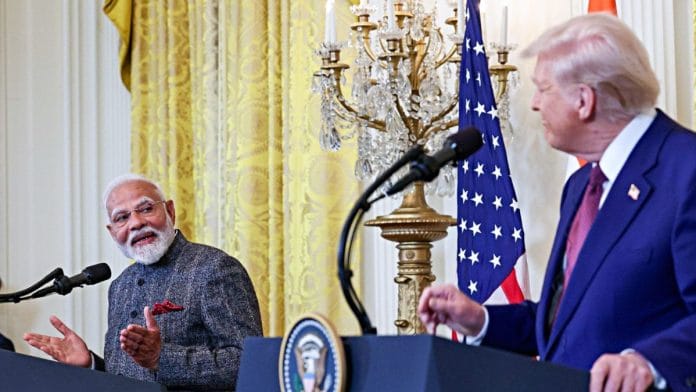 File photo: PM Modi & US President Trump delivering a joint statement after their meeting at White House in Washington DC in February | ANI