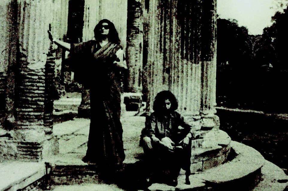Wilayat and Sakina in front of Asafi Kothi, the mansion where they lived in Sheesh Mahal, Lucknow, c. 1976