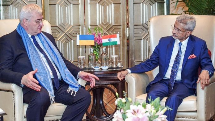 External Affairs Minister S Jaishankar meets Ukraine Foreign Affairs Minister Andrii Sybiha on the sidelines of Raisina Dialogue 2025 in New Delhi | Photo: ANI