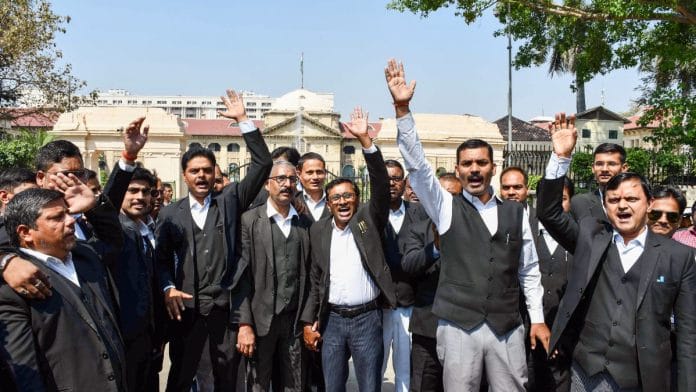 Bar Association members take part in an indefinite strike to protest against the transfer of Delhi High Court Justice Yashwant Varma to the Allahabad High Court, in Prayagraj on Wednesday | ANI