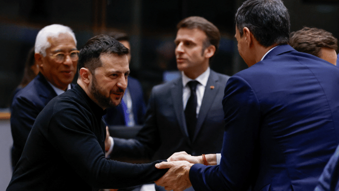 Ukrainian President Volodymyr Zelenskiy shakes hands with Spanish Prime Minister Pedro Sanchez next to European Council President Antonio Costa and French President Emmanuel Macron at a European Union leaders' special summit to discuss Ukraine and European defence, in Brussels, Belgium March 6, 2025 | Reuters