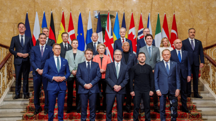 Britain's Prime Minister Keir Starmer, President Volodymyr Zelenskyy, Germany's Chancellor Olaf Scholz, Norway's Prime Minister Jonas Gahr Store, European Commission President Ursula von der Leyen, European Council President Antonio Costa, France's President Emmanuel Macron, Canada's Prime Minister Justin Trudeau, Czech Republic's Prime Minister Petr Fiala, Dutch Prime Minister Dick Schoof, Romania's Interim President Ilie Bolojan, Turkey's Minister of Foreign Affairs Hakan Fidan, Denmark's Prime Minister Mette Frederiksen, Sweden's Prime Minister Ulf Kristersson, Finland's President Alexander Stubb, Italy's Prime Minister Giorgia Meloni, Spain's Prime Minister Pedro Sanchez, Poland's Prime Minister Donald Tusk and NATO Secretary General Mark Rutte attend the European leaders' summit to discuss European security and Ukraine, at Lancaster House in London, Britain, on 2 March 2025. Javad Parsa | NTB via Reuters
