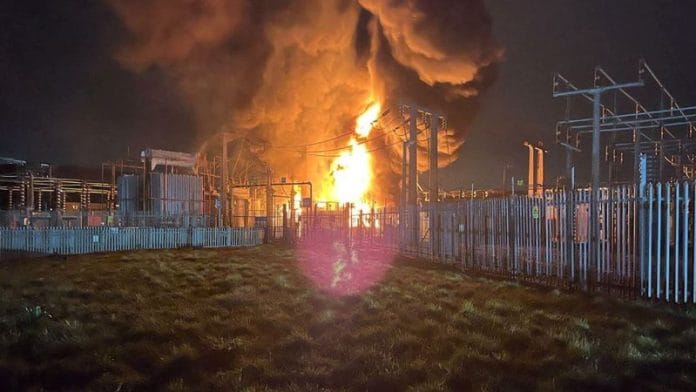 Fire, which wiped out power and closed Heathrow Airport, rises at the North Hyde Electricity Substation in Hayes, Britain in this handout picture released on March 21, 2025. Courtesy of London Fire Brigade/Handout via REUTERS