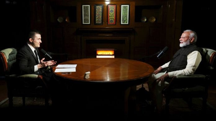 Prime Minister Narendra Modi on renowned computer scientist and podcaster Lex Fridman's podcast in New Delhi Sunday | Photo: ANI