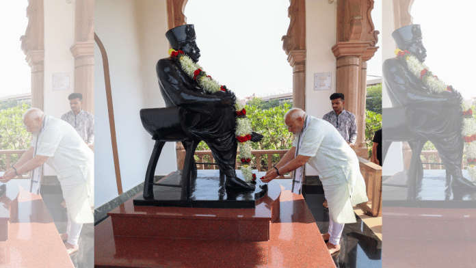 Prime Minister Narendra Modi pays tribute to RSS founder KB Hedgewar at his memorial, in Nagpur, Sunday, on 30 March 2025. | PTI