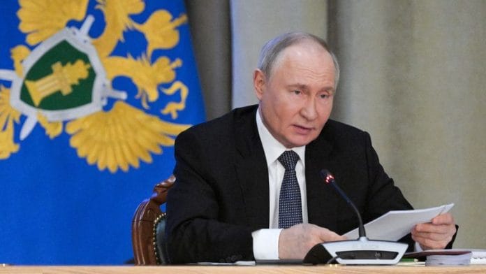 Russian President Vladimir Putin speaks at an expanded meeting of the Prosecutor General's Office board in Moscow, Russia on 19 March 2025. | File Photo | Sputnik/Alexey Nikolsky | Pool via Reuters
