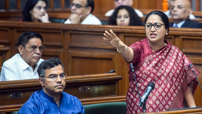 Delhi Chief Minister and Finance Minister Rekha Gupta presents the first Budget 2025-26 of the newly formed BJP government during the Budget Session of the Delhi Legislative Assembly in New Delhi on 25 March | Photo: ANI/Amit Sharma