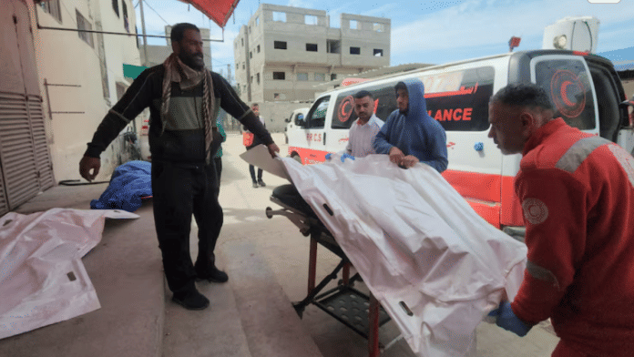 Representational Image | Mourners and a paramedic move the body of a Palestinian, killed in an Israeli strike, according to medics, at Al-Aqsa Martyrs hospital in Deir Al-Balah in the central Gaza Strip Monday | Reuters/Osama Shareef