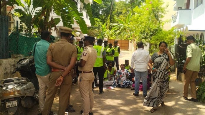 Sanitation workers outside YouTuber's residence in Chennai on 24 March, 2025 | X @SavukkuOfficial