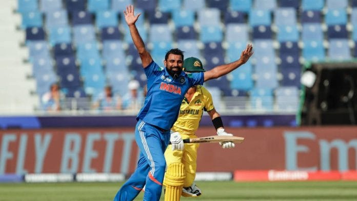 Mohammed Shami celebrates a wicket loss during India’s Champions Trophy 2025 semi-final match against Australia in Dubai Tuesday | Photo: ANI