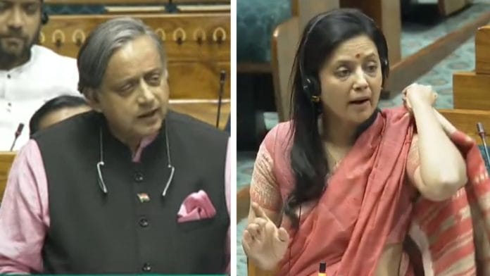 Shashi Tharoor and Mahua Moitra launched sharp attacks on the government's policies listed in the Finance Bill 2025 at the Lok Sabha on 25 March, 2025 | Screengrab from Sansad TV