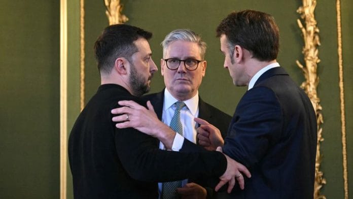 Ukrainian President Volodymyr Zelenskyy, UK Prime Minister Keir Starmer, and French President Emmanuel Macron