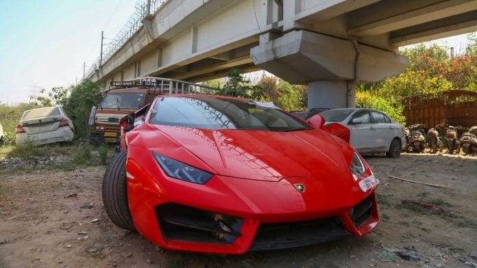 The red Lamborghini Huracan, owned by YouTuber Mridul Tiwari | Suraj Singh Bisht | ThePrint