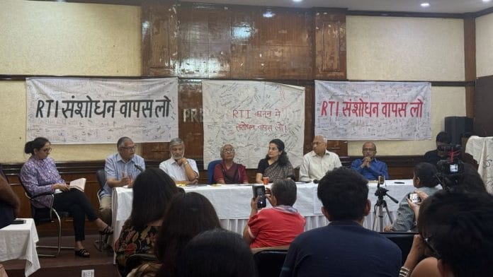 Transparency advocates and representatives of multiple civil society groups addressing media persons in New Delhi Friday | Mrinalini Dhyani | ThePrint