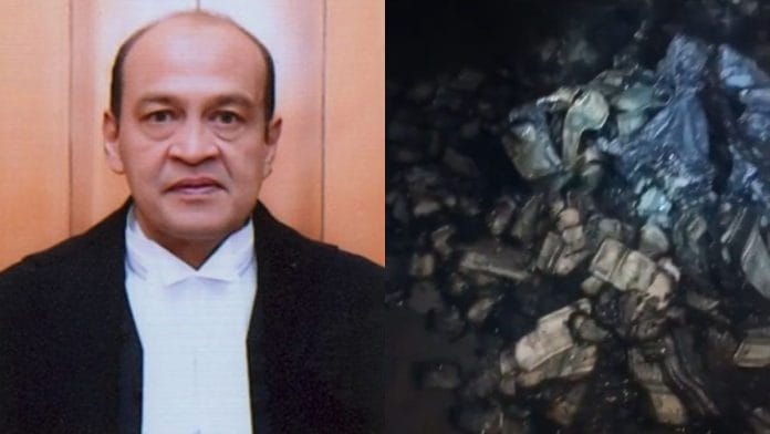 (L) File photo of Delhi High Court Judge Justice Yashwant Varma & (R) screengrab of video clip where burnt cash can be seen | www.allahabadhighcourt.in, Delhi High Court Chief Justice's report