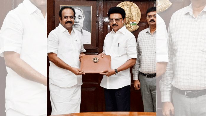 Tamil Nadu Finance Minister Thangam Thenarasu (left) presents a copy of the 2025-26 state budget to Chief Minister M.K.Stalin in Chennai on Friday | X/@TThenarasu