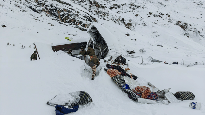 Security personnel carry out rescue operations following an avalanche that struck near Mana, in Chamoli on Saturday, 28 February 2025. | ANI