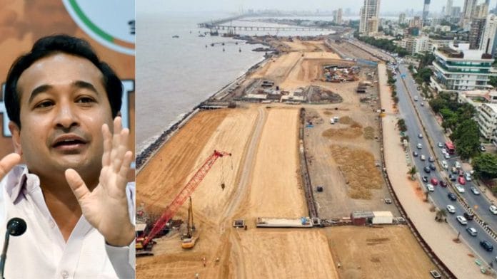 File photos: Maharashtra Fisheries and Ports Minister Nitesh Rane | Mumbai coastal road project site | ANI